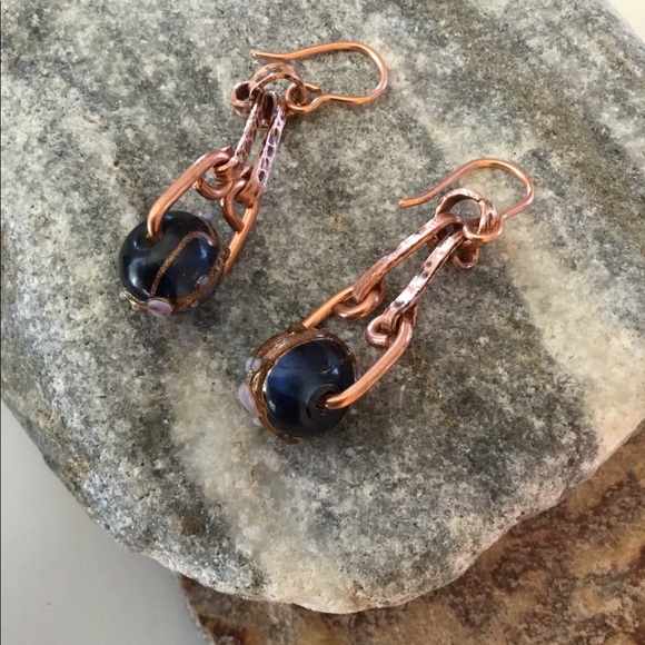 Blue Pressed Glass, Solid Copper Pendant Earrings - Picture 6 of 8